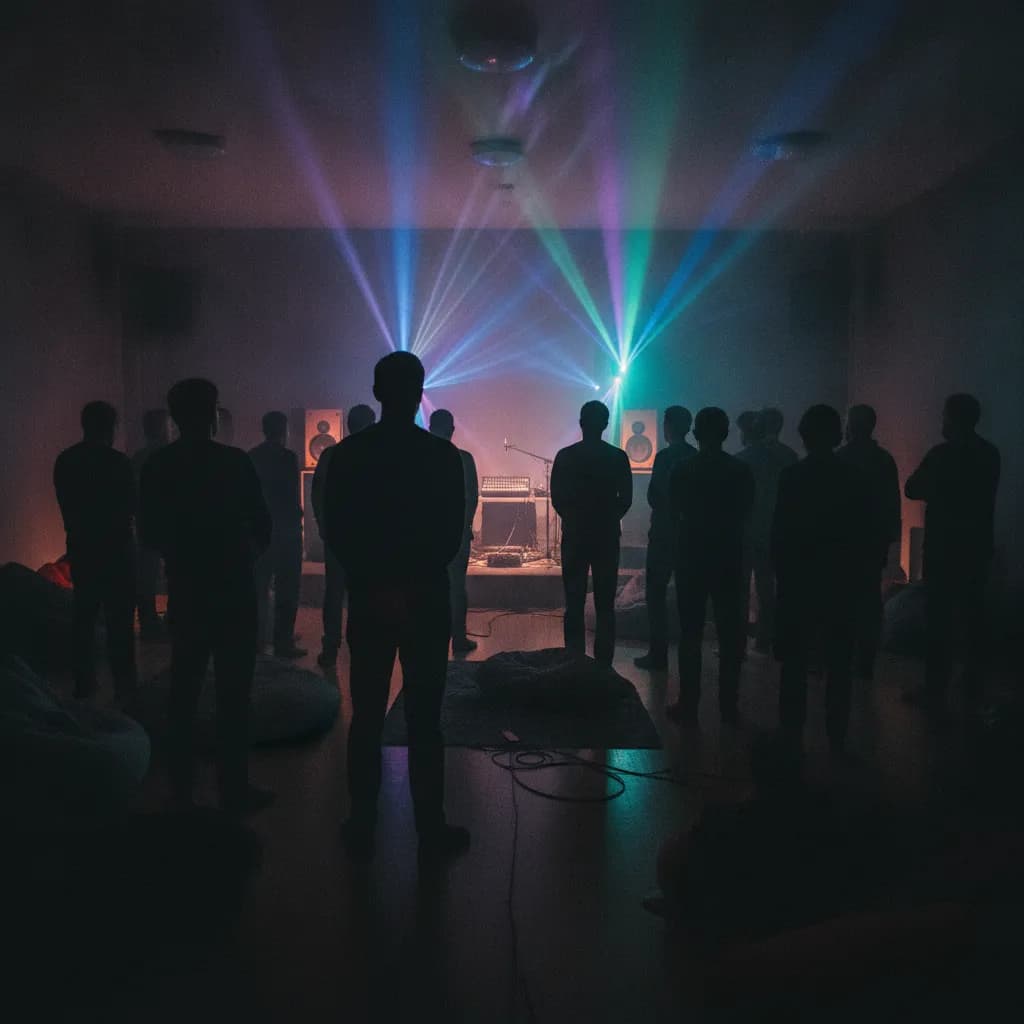 Friends at a Brooklyn summer music event with colorful lighting