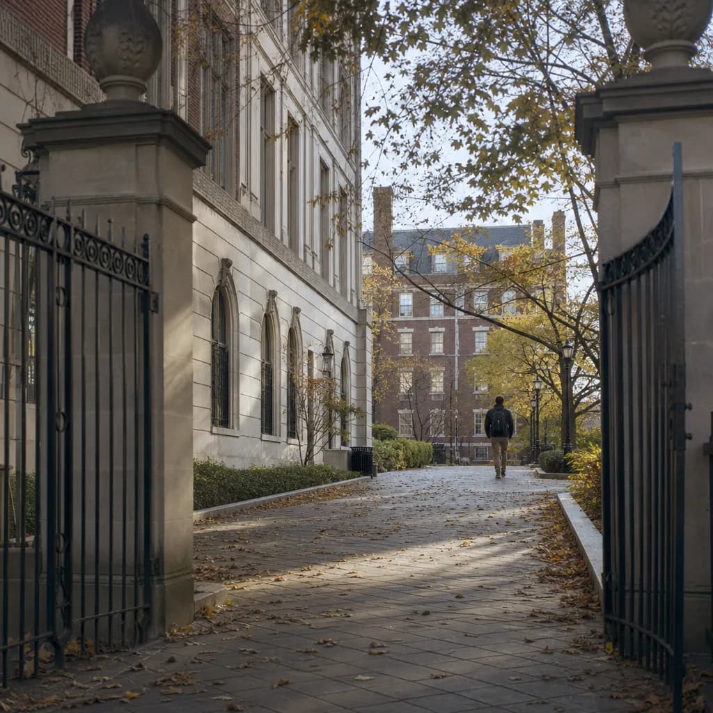 A quiet uptown campus gate and walkway in early morning light