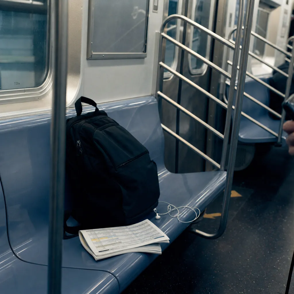 A commuter backpack and class schedule on a subway seat