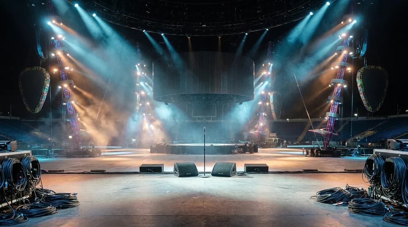 An empty tiered outdoor amphitheatre at dusk with stage lights rigged above a bare stage