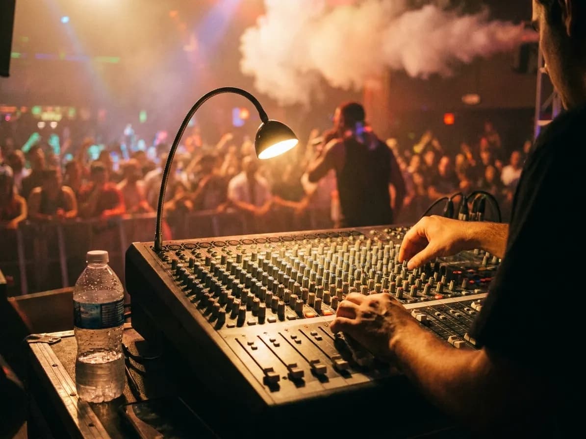 A front-of-house mixing console lit by a single lamp, an engineer's hands on the faders with the crowd and warm-lit stage behind
