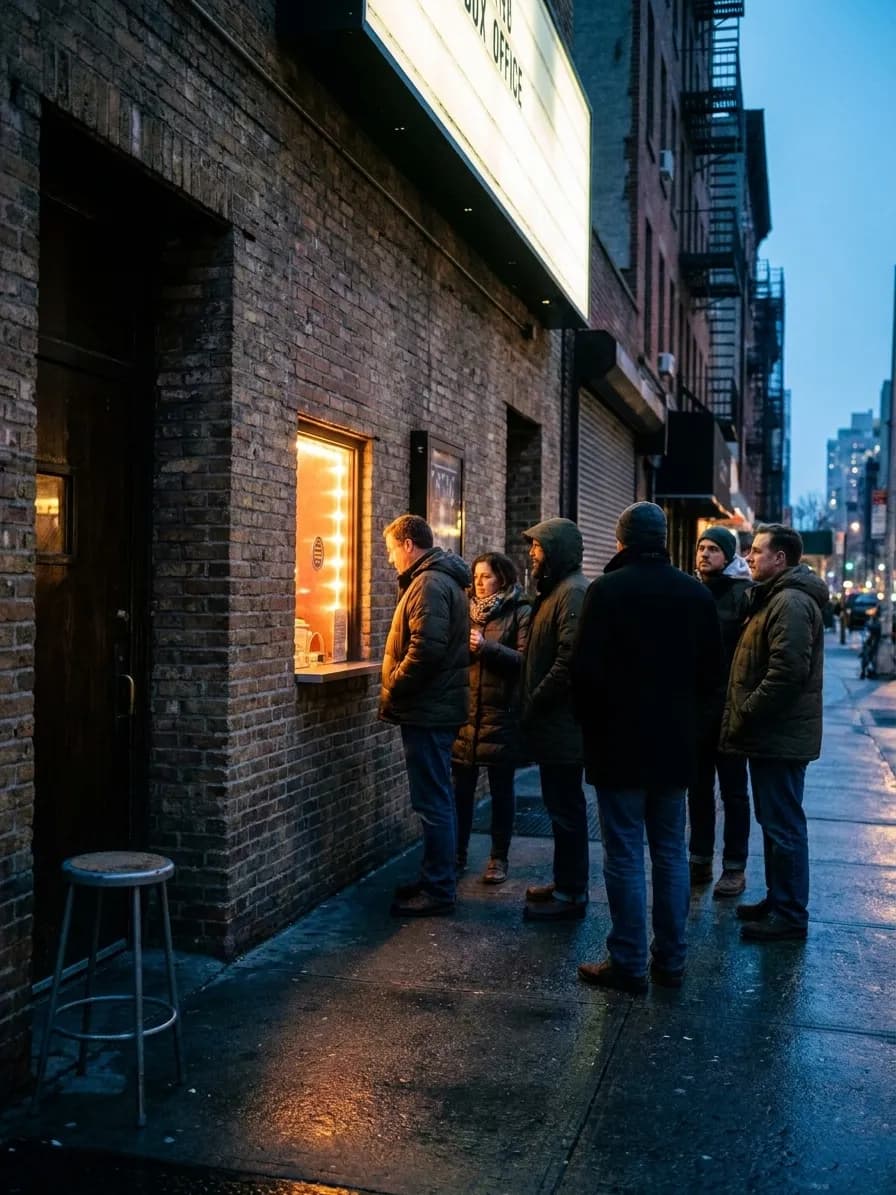 A small lit box-office window in a brick facade outside a New York music venue, with a short queue of people waiting on wet pavement about an hour before doors
