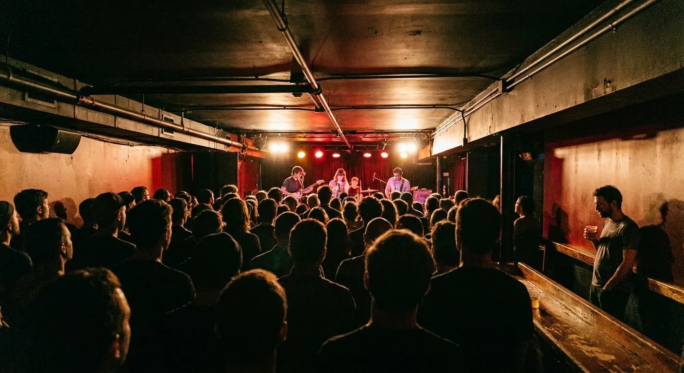 The back of a small New York music club mid-set, silhouetted heads in the foreground and a small stage washed in red and amber light at the far end