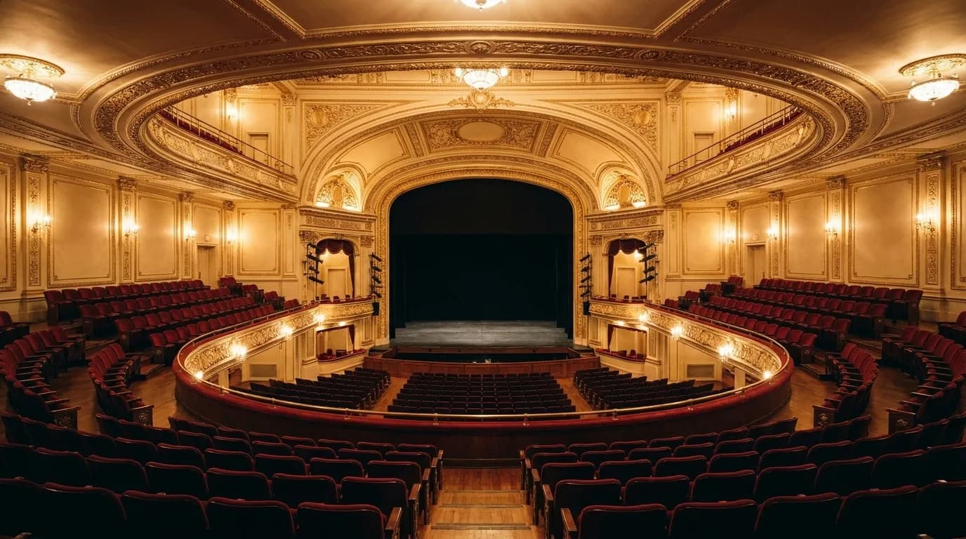 An empty ornate theatre auditorium with a balcony, patterned ceiling and rows of seats lit by house lights