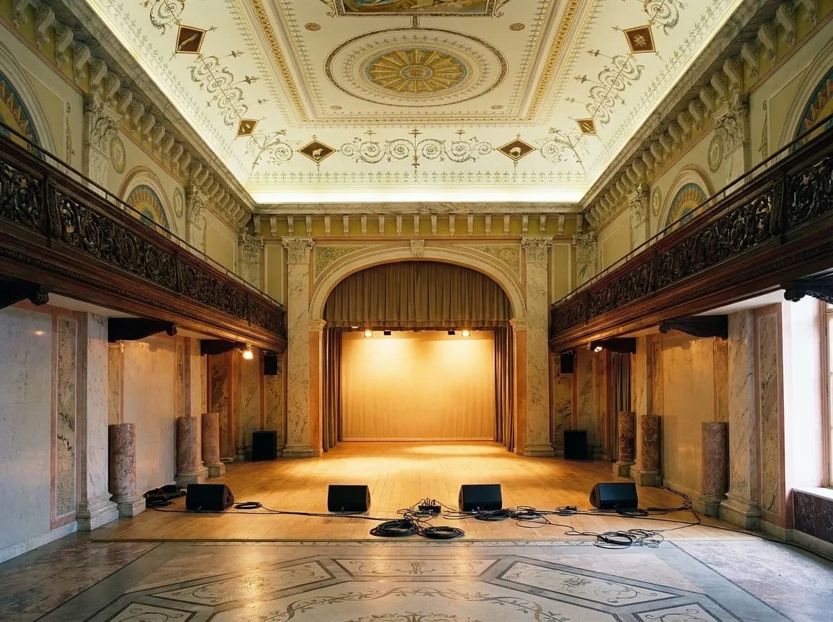 An ornate Victorian concert hall interior with a carved balcony and an empty stage under warm lighting