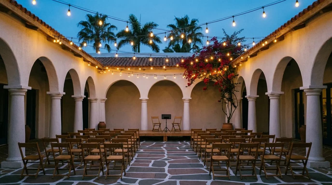 A Mediterranean-revival courtyard at dusk with arched colonnades, a low stage set with chairs and strings of overhead lights