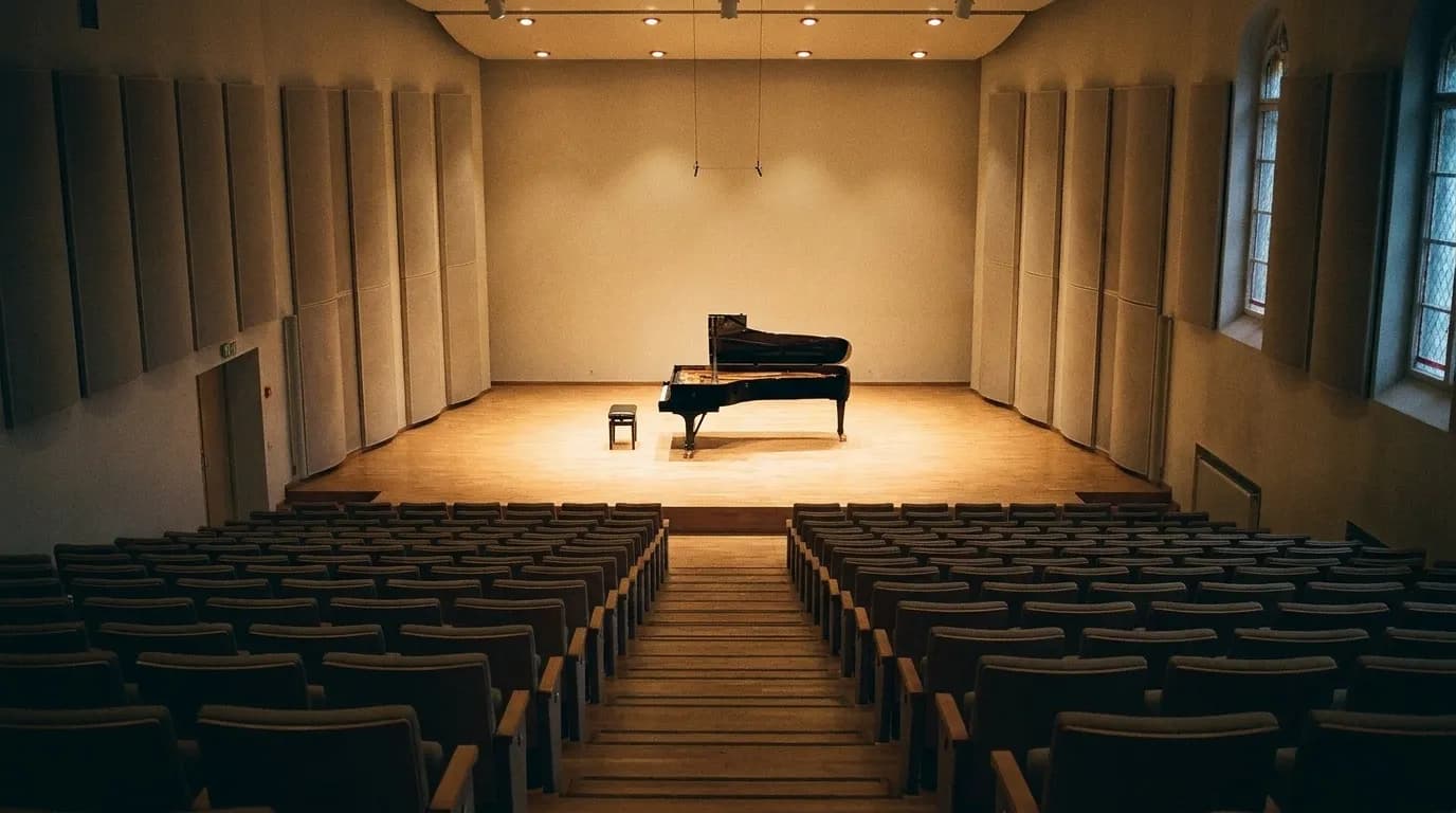 A concert hall interior seen from the back row, empty seats sloping down to a bare lit stage with a grand piano