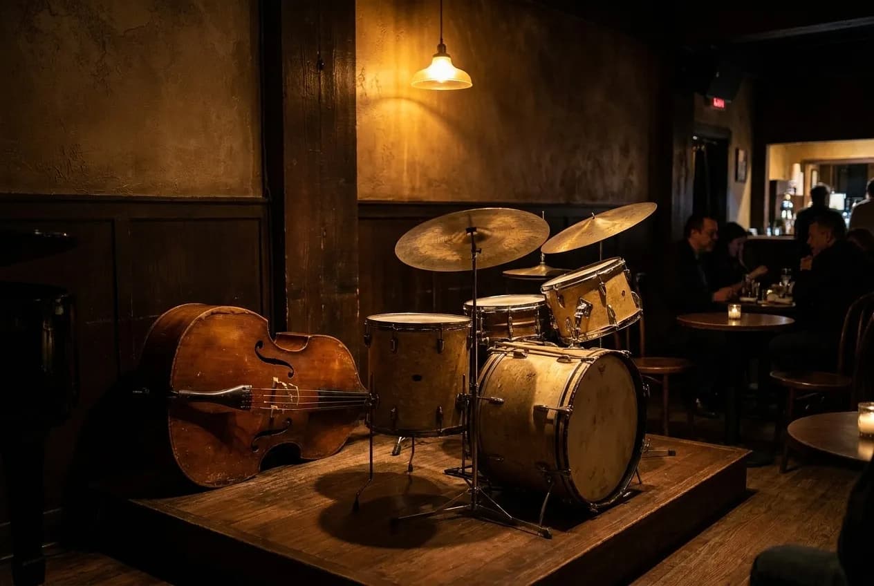 An upright bass and a drum kit on a tiny stage under a single warm lamp