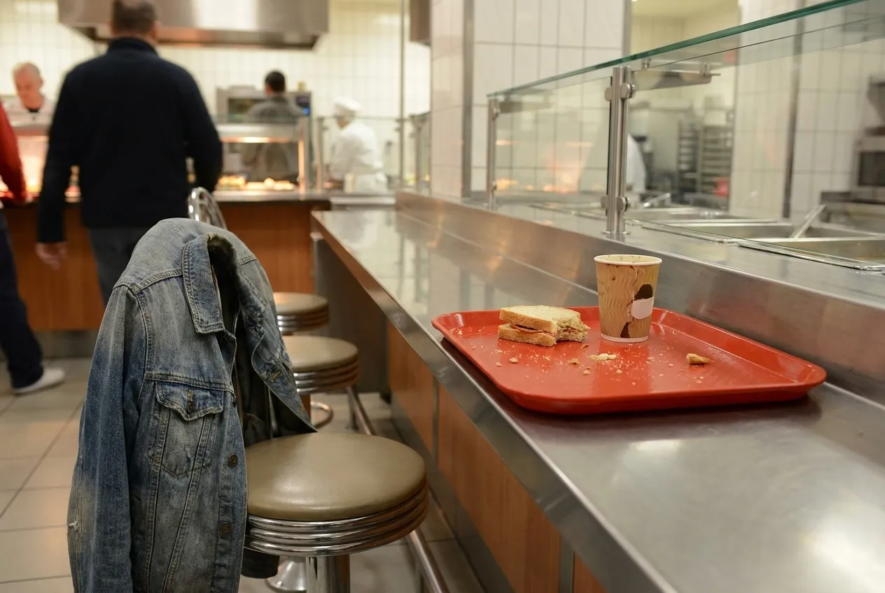 A counter meal eaten quickly with a jacket over the back of the stool