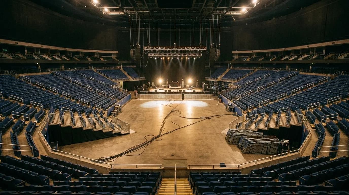 A large indoor arena seen from an upper tier before doors, empty seating bowl curving around a lit stage with rigging overhead