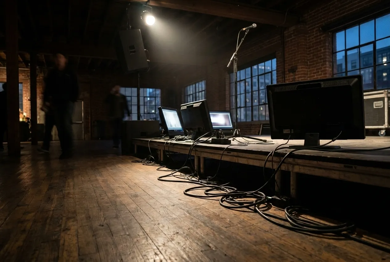 A low stage seen from the floor with monitors, cables and a single spotlight