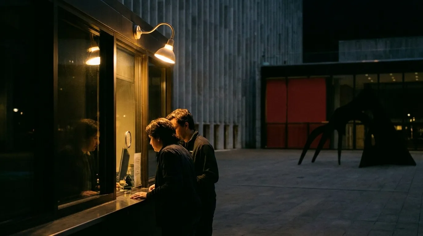 A close view of a venue box office window at night, a small illuminated sign above it and two people waiting at the glass with the street dark behind them