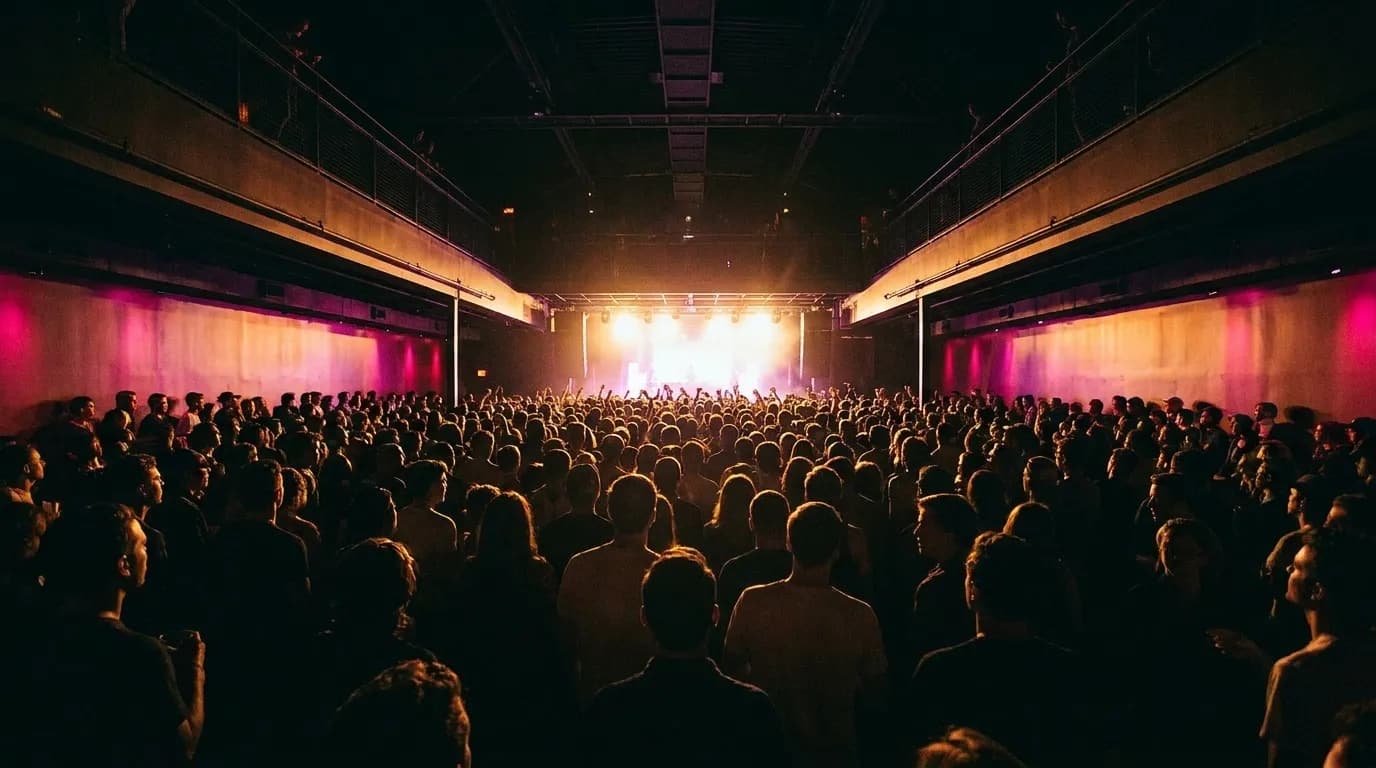 The interior of a mid-size Los Angeles music venue during a show, a crowd on the floor lit from the stage, a balcony rail above and warm coloured wash lighting across the back wall
