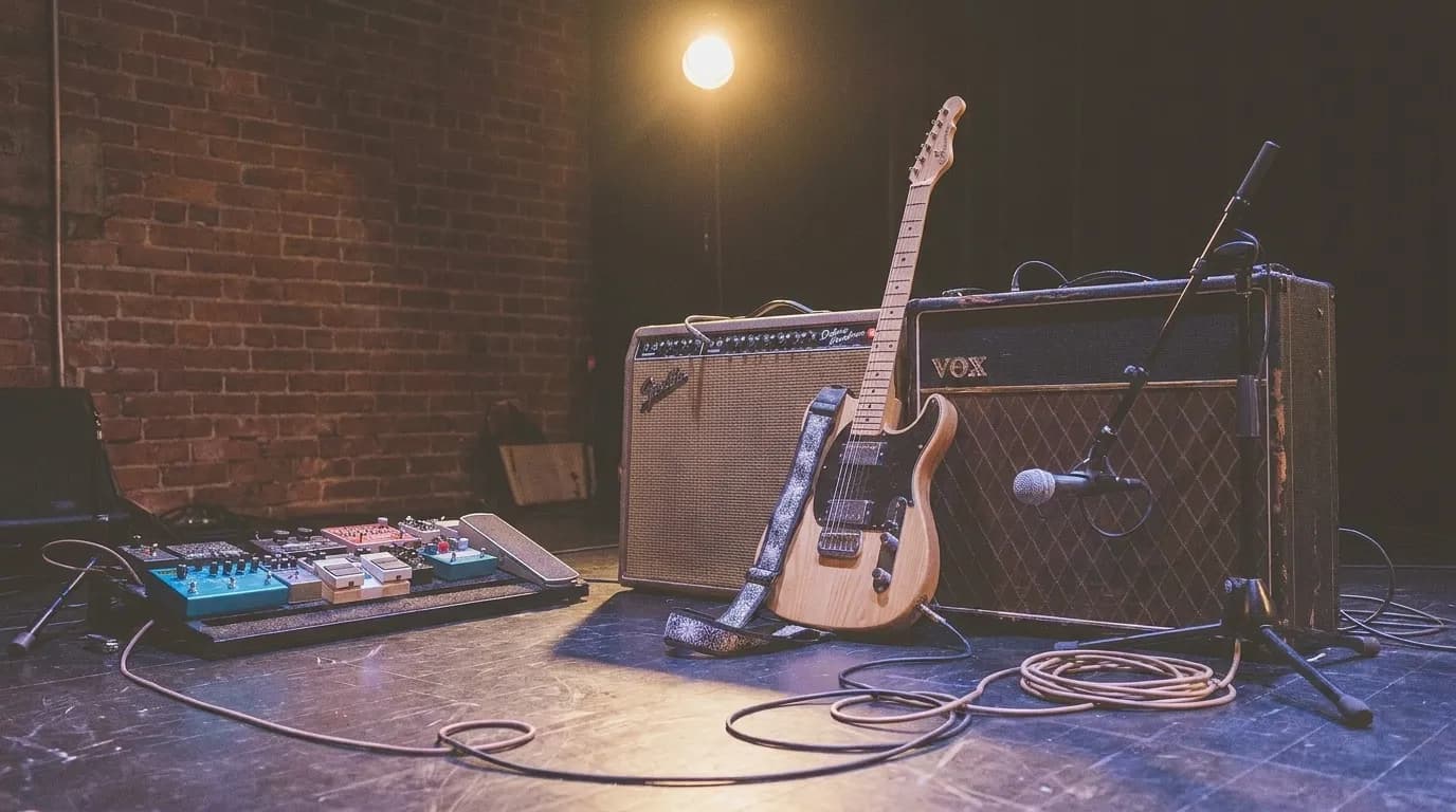A close view of a small club stage from the side, guitar amps and a mic stand under warm stage light, silhouetted heads of the front row in the foreground and a brick side wall