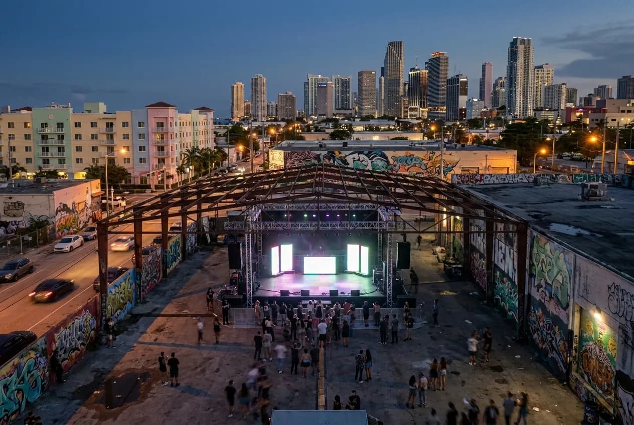 An open-air industrial yard at night with a steel-frame stage, colorful moving lights, and murals on surrounding warehouse walls under a clear sky.
