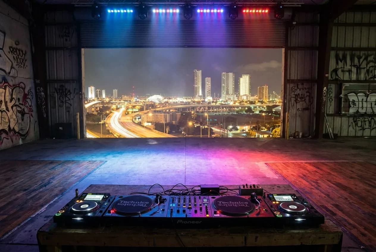 A dark dance floor lit by overhead LED panels in red and blue, with DJ decks silhouetted against a crowd and concrete walls in a Miami warehouse venue.