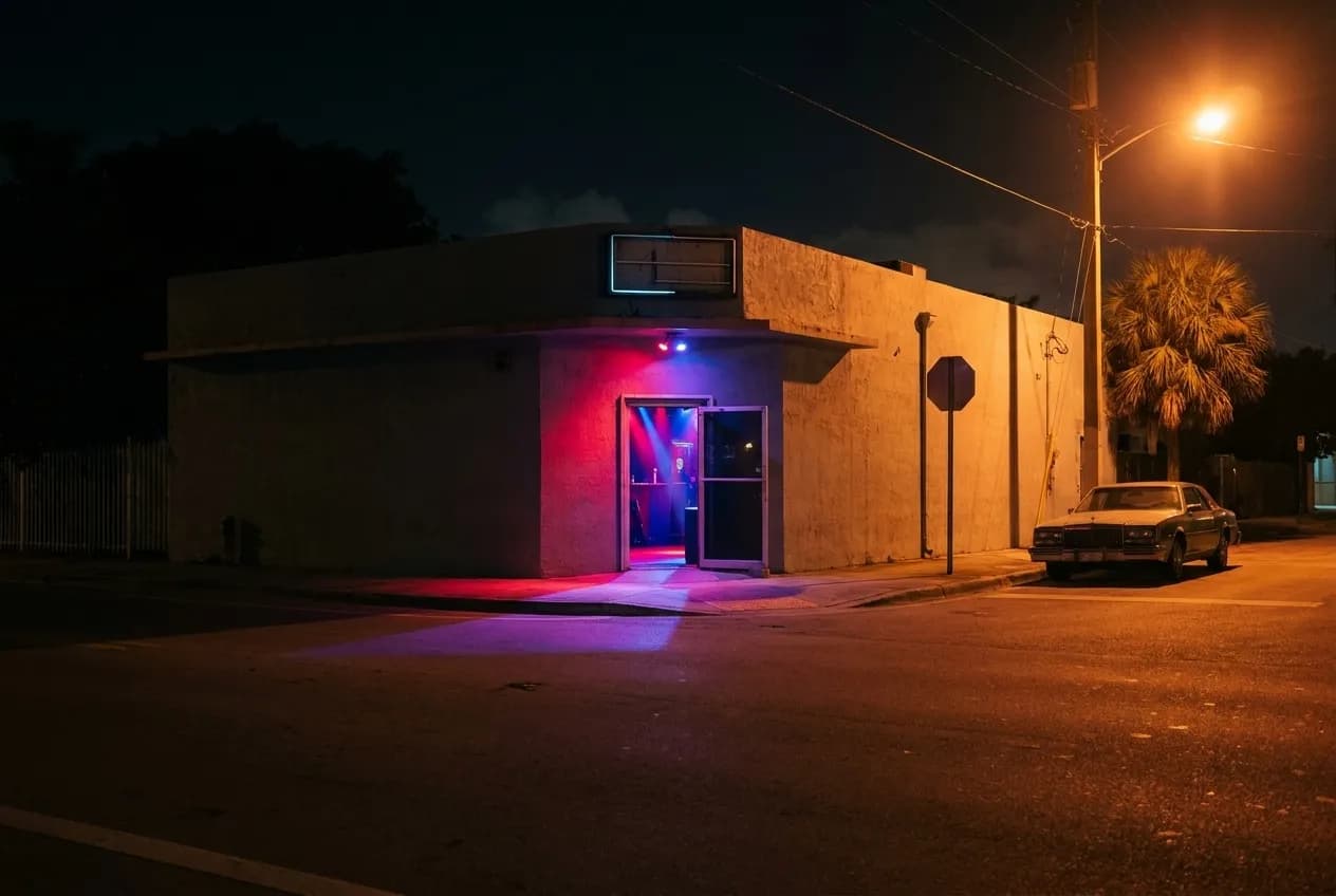 A flat-roofed Allapattah bar at night with a simple painted facade and minimal signage, red and blue stage lights spilling through the open doorway onto an empty corner parking lot.