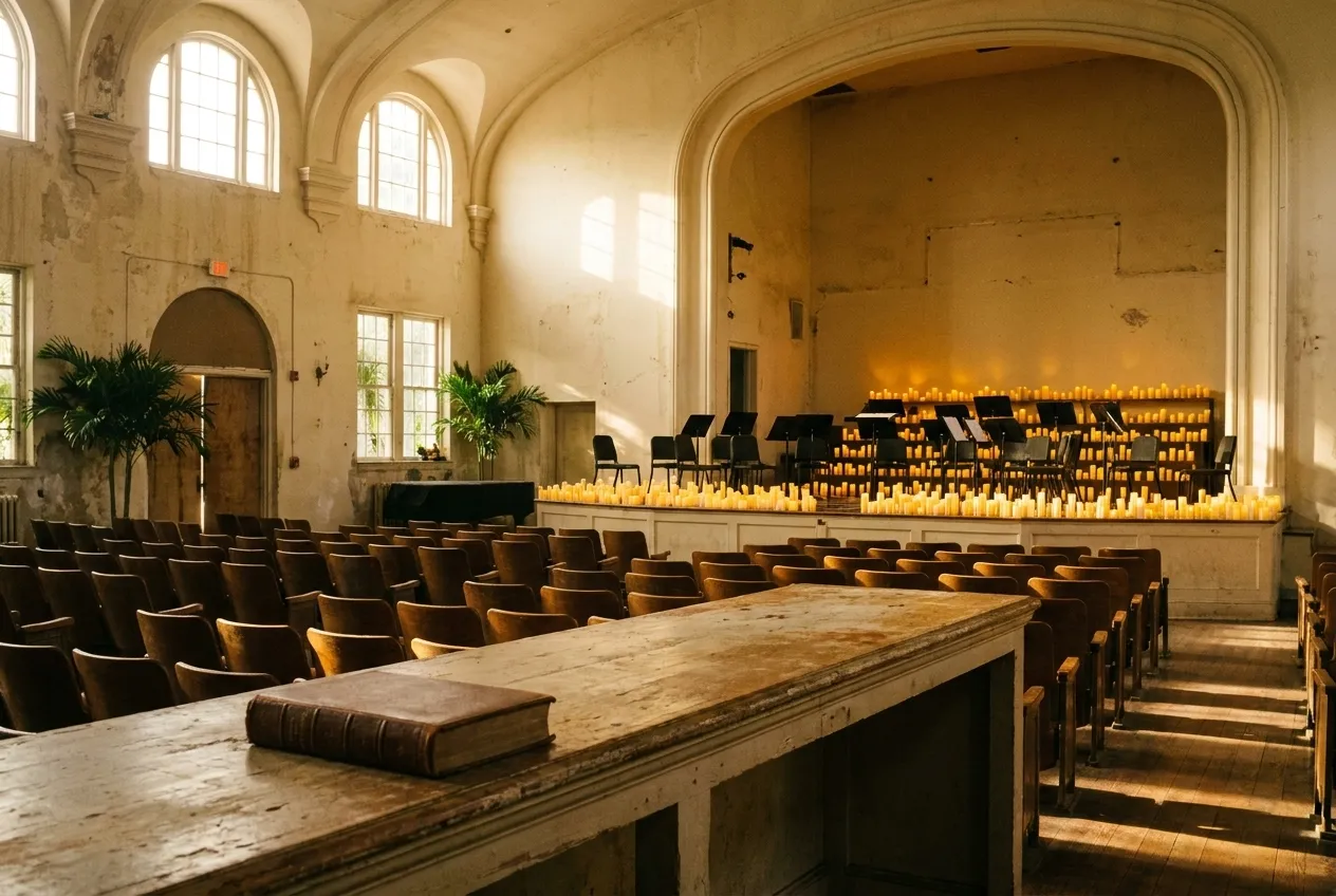 Hundreds of lit candles arranged around a string quartet on a wooden stage inside a high-ceilinged historic hall with rows of empty chairs waiting for evening concert guests.