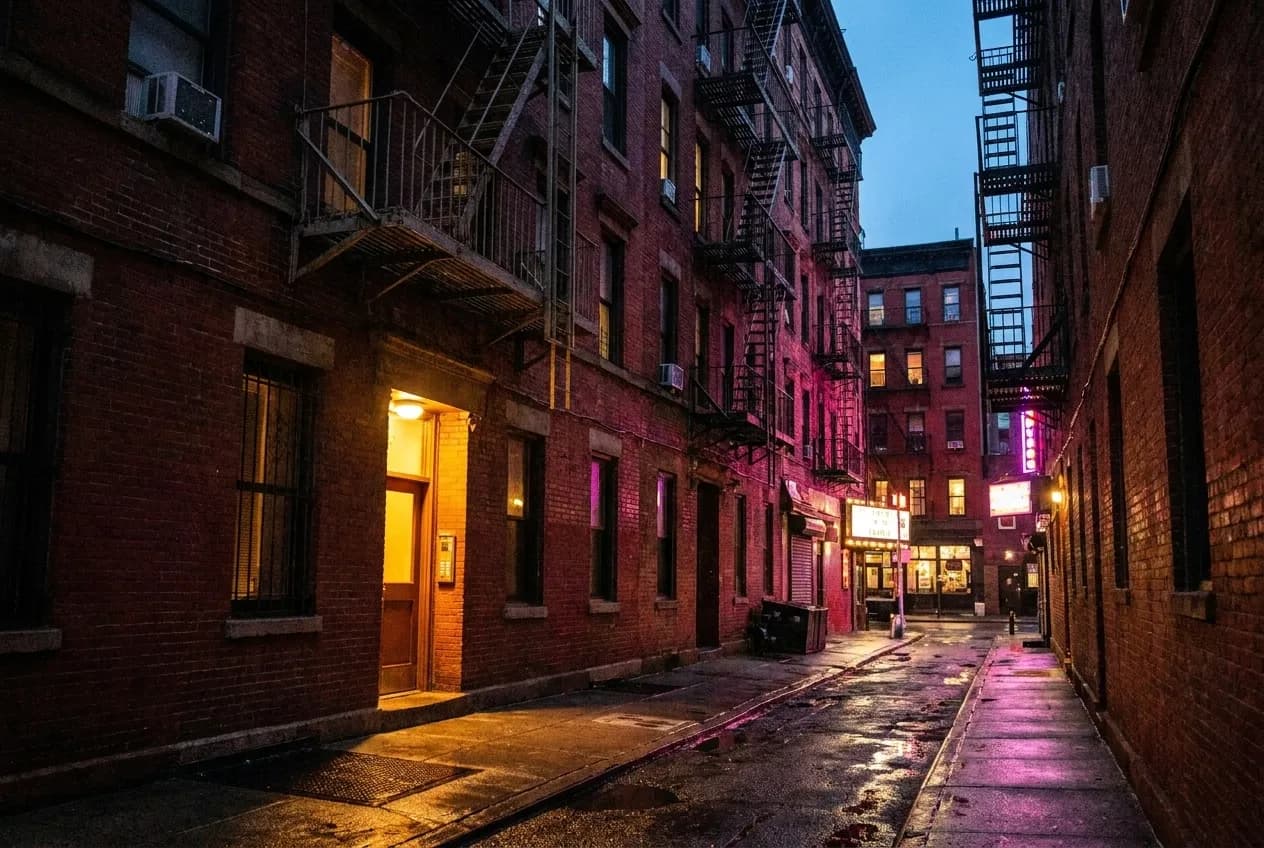 Dark Lower East Side street at night with exposed brick building façades, glowing venue entrance, and fire escapes above narrow sidewalk under neon light.