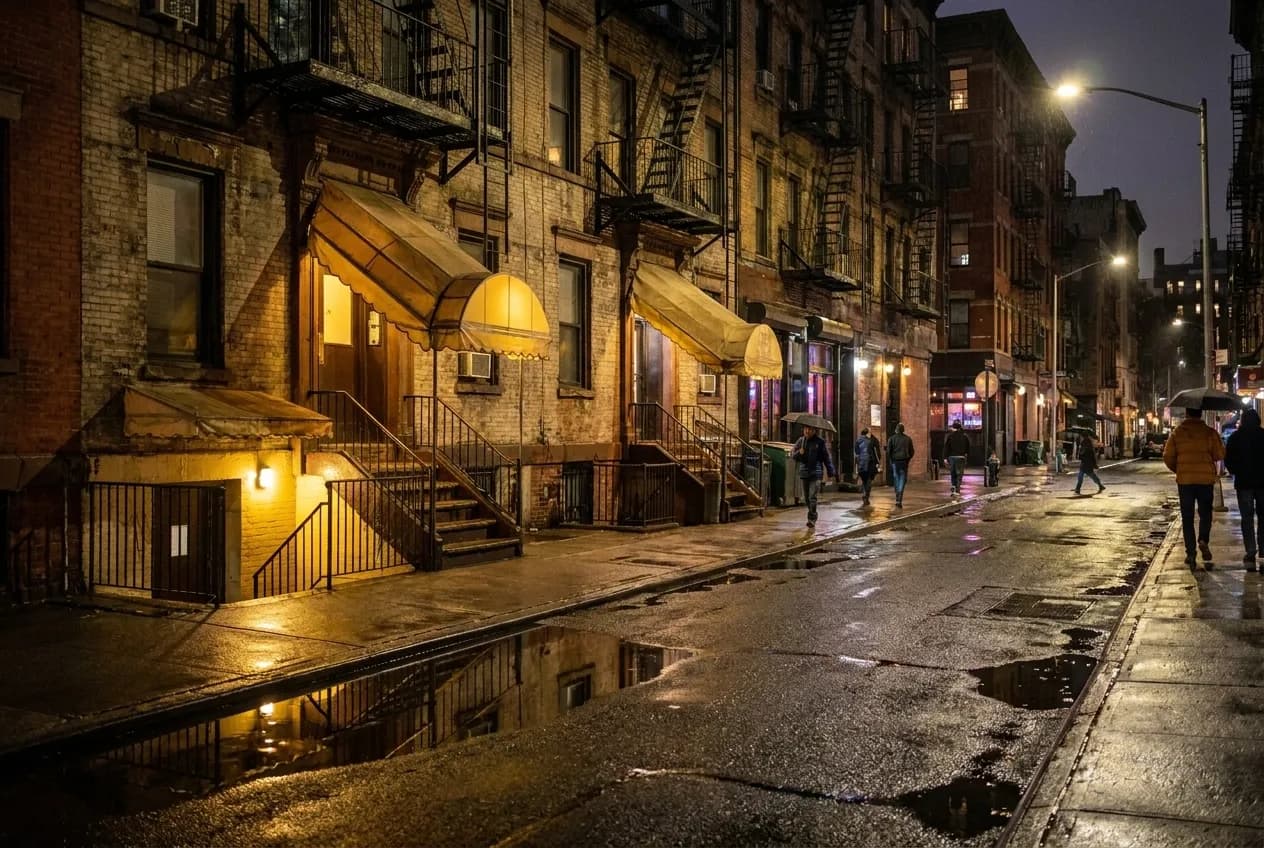 A dimly lit East Village side street at night with vintage bar awnings, weathered fire escapes, and warm light spilling from basement venue entrances onto wet pavement.