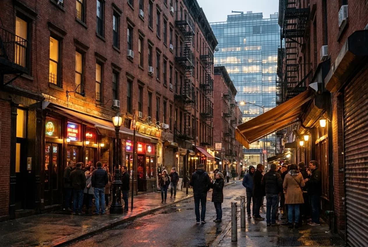 Narrow brick tenement buildings line a Lower East Side block at dusk with neon bar signs glowing above street-level doors and small crowds gathering on the sidewalk under street lamps.