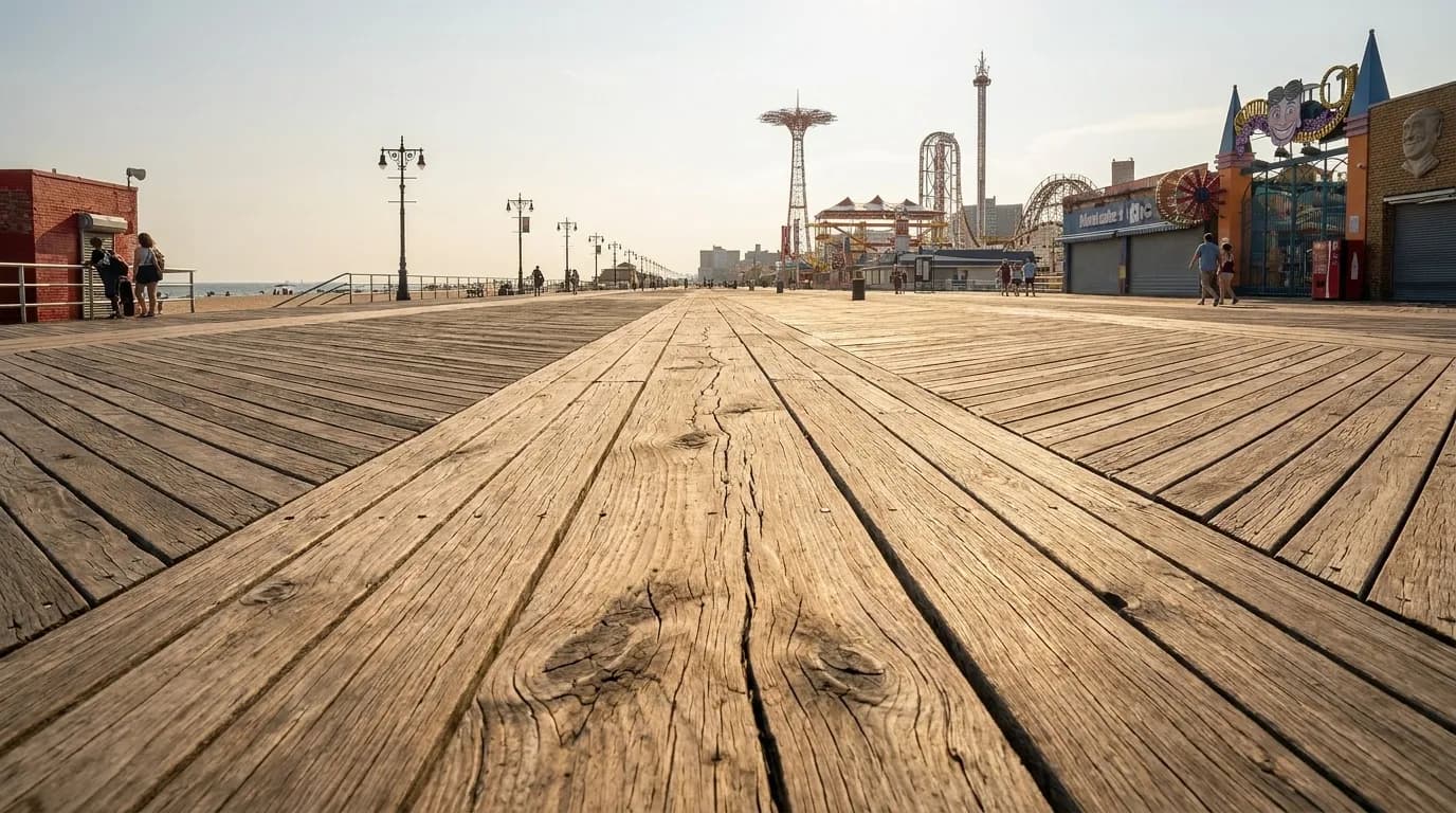 Wooden planks of the Riegelmann Boardwalk stretching along Coney Island beach