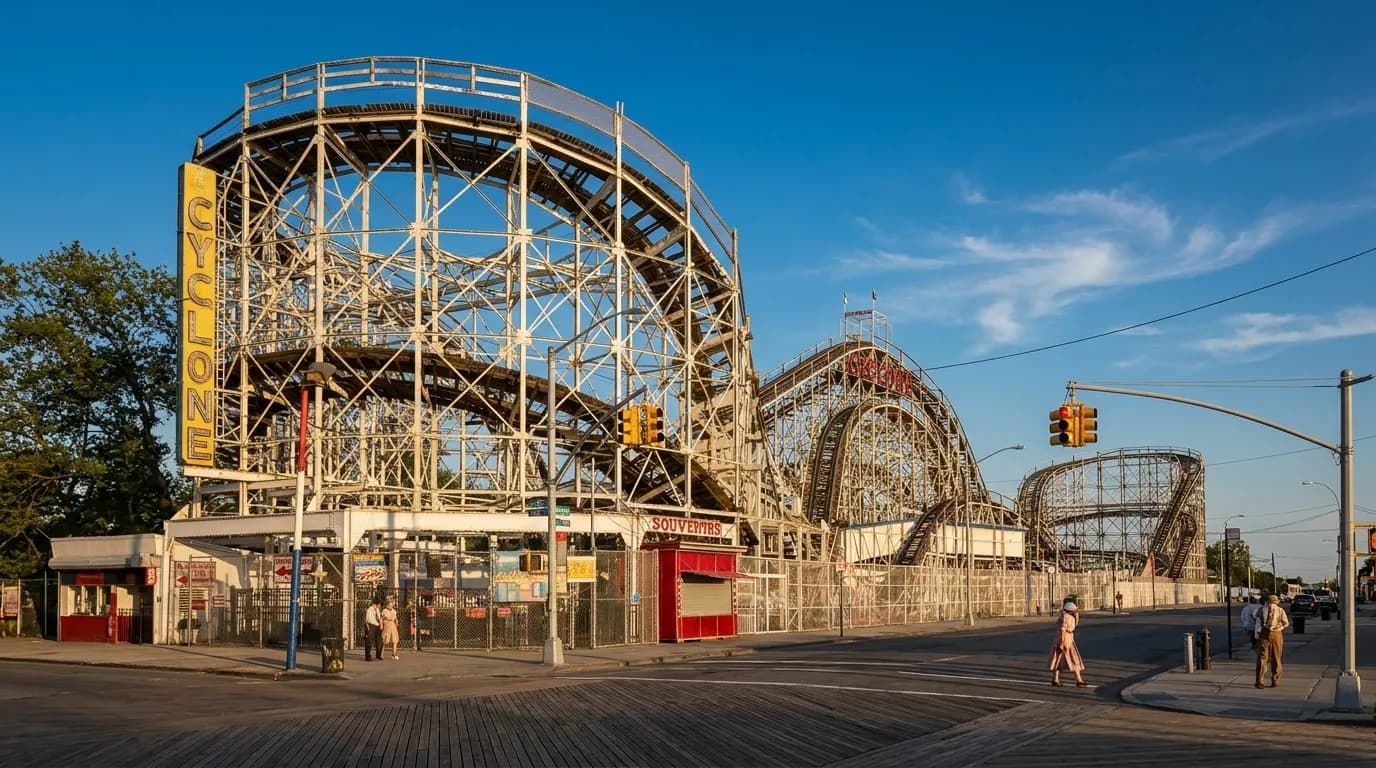 The historic Cyclone roller coaster wooden structure at Luna Park