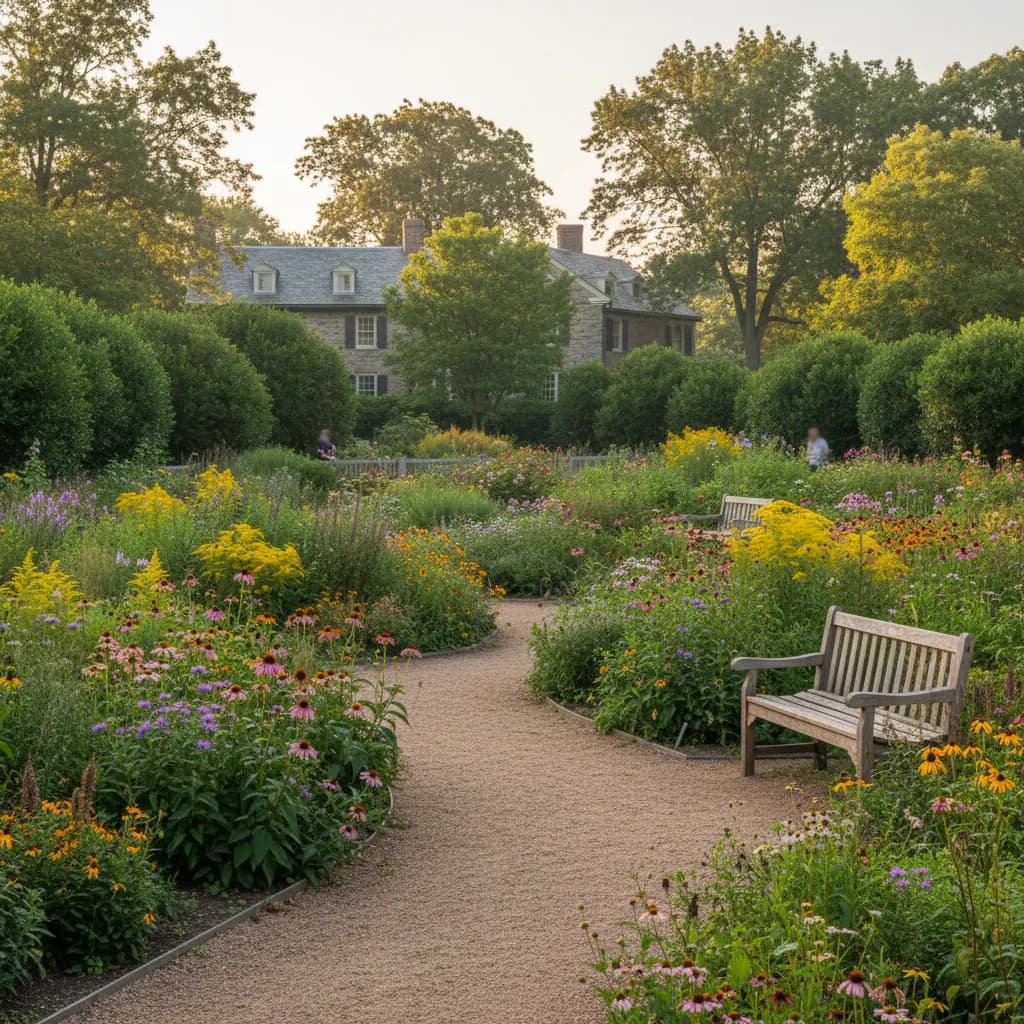 Editorial-style realistic scene inspired by Conference House Rose Garden in New York.