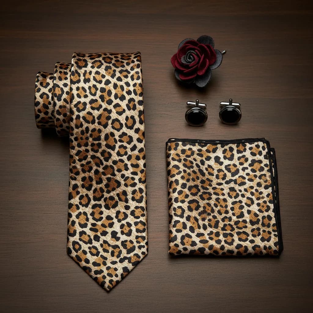 Leopard-print necktie and accessories on dark wood surface