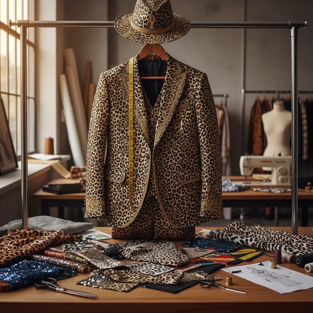An elaborate leopard-print three-piece suit with matching hat on a tailor's workshop rack