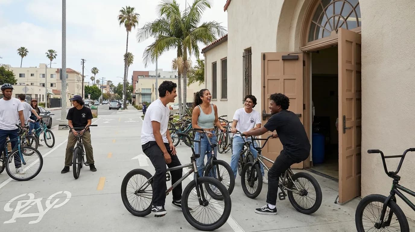 Cyclists taking a break at a shaded rest area along a Los Angeles bike path with water bottles and locked bikes