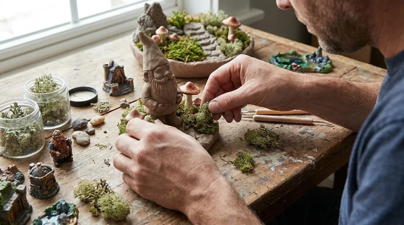 Close-up of hands assembling a miniature wooden chair with tweezers and glue at a Los Angeles craft workshop