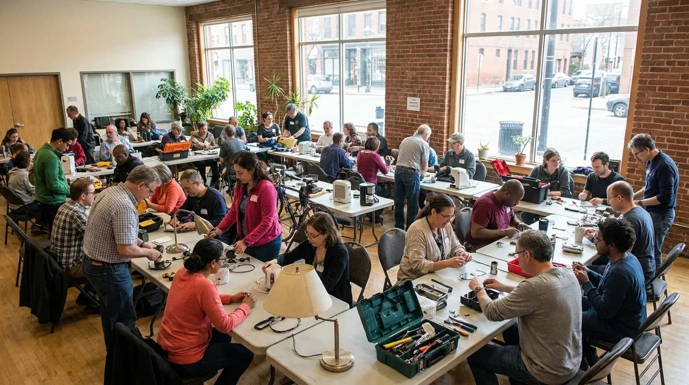 Hands working on electronics repair at a community workshop table with tools and components
