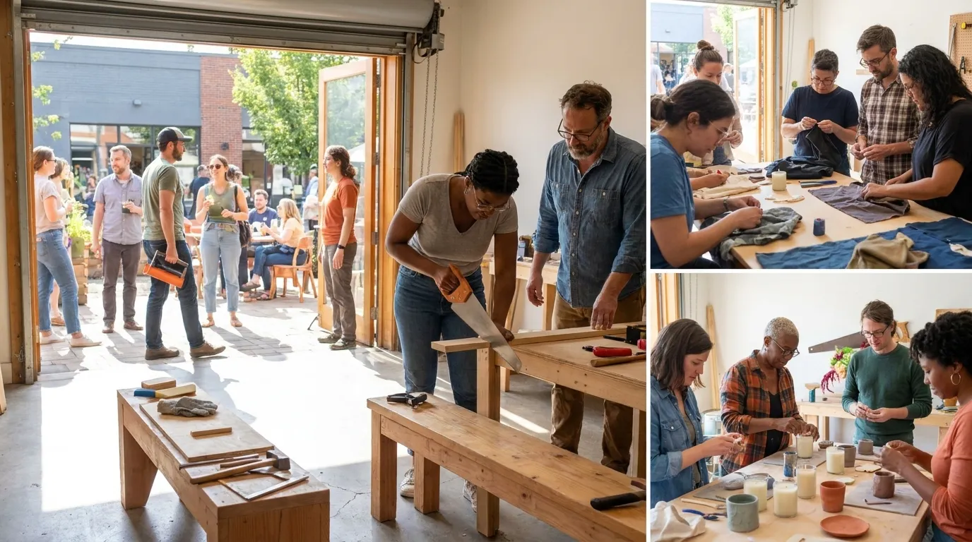 Person learning to use a hand plane on wood at a community woodworking workshop
