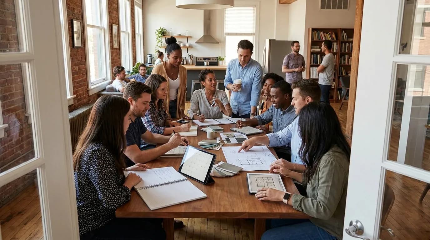 Quiet group gathered around a coffee table with subtitled television screen and prepared snacks in a San Francisco home