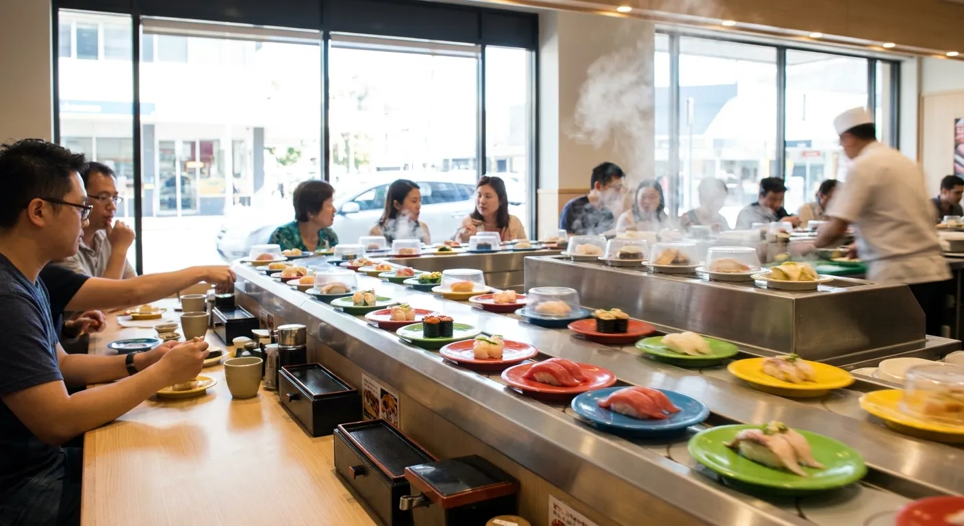 Small plates of sushi gliding along a conveyor belt past diners at a bright counter
