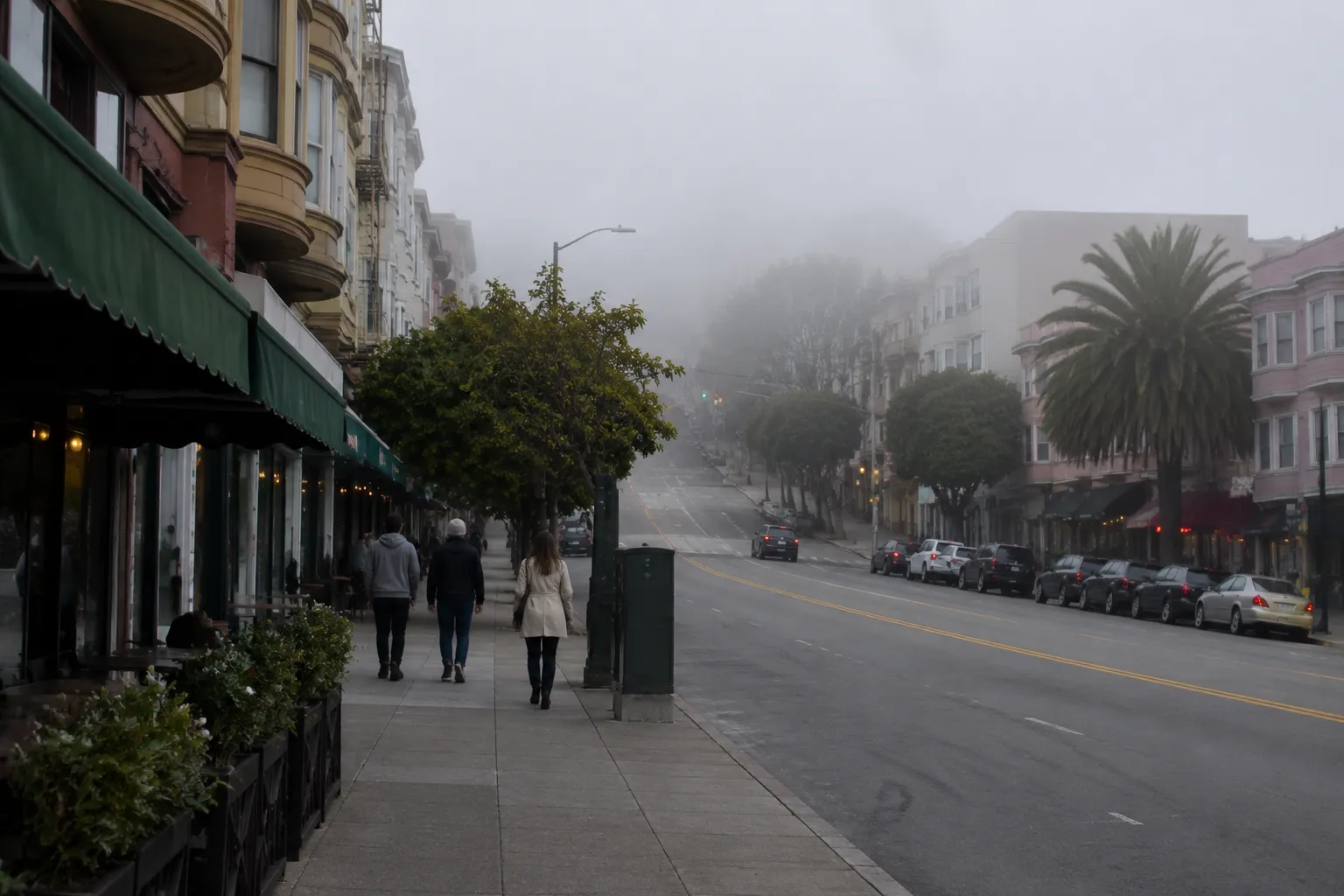 Columbus Avenue in San Francisco's North Beach neighborhood on a foggy summer morning with café storefronts
