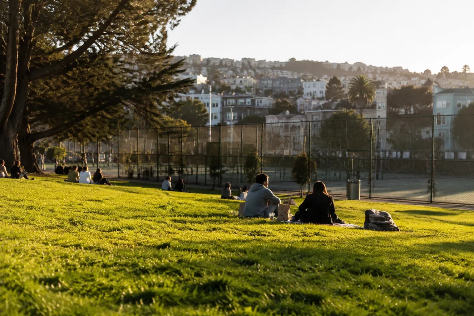 Lower section of Dolores Park in San Francisco's Mission District with benches and afternoon sunlight on the grass