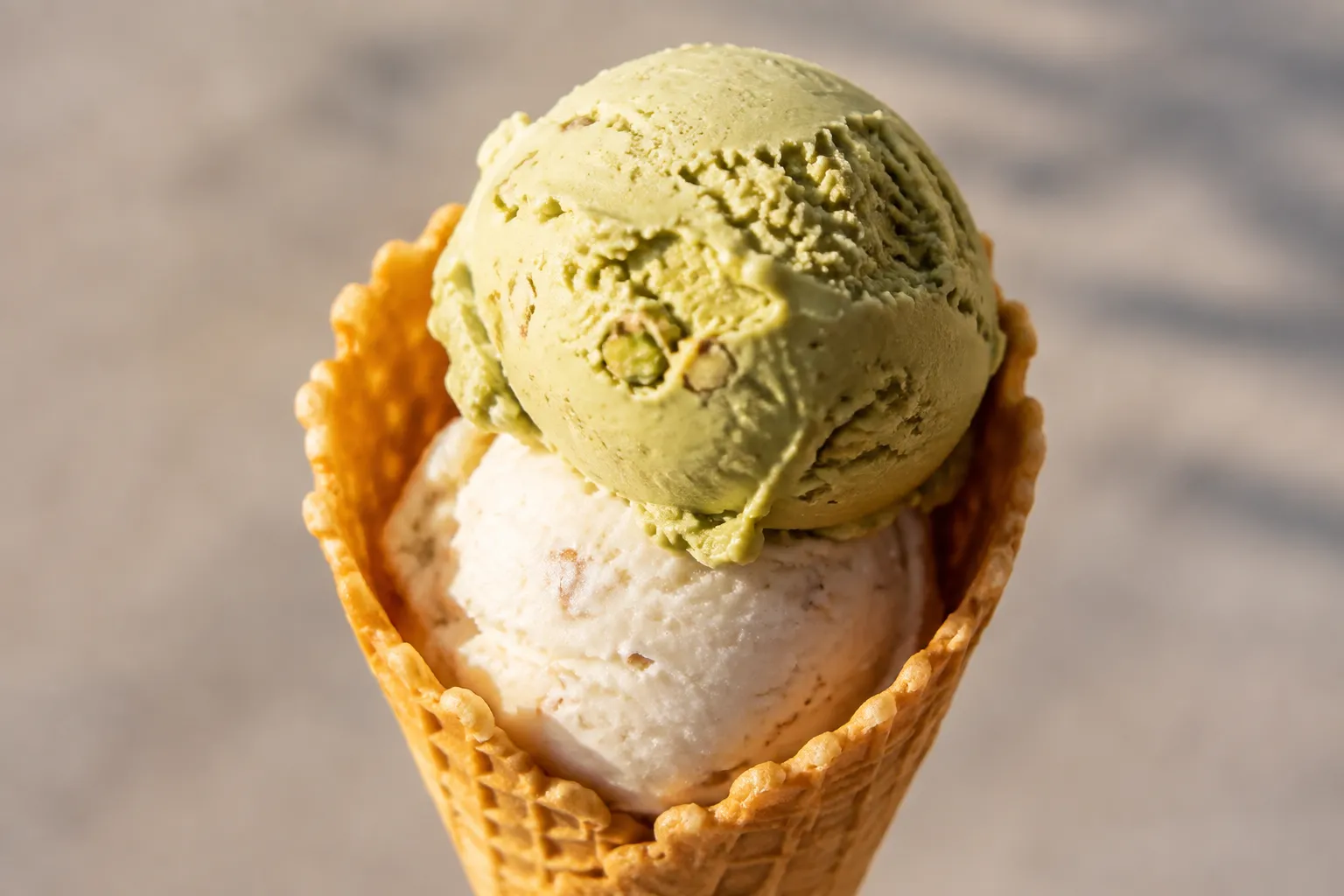 Close-up of artisan ice cream scoops in a waffle cone showing texture and detail