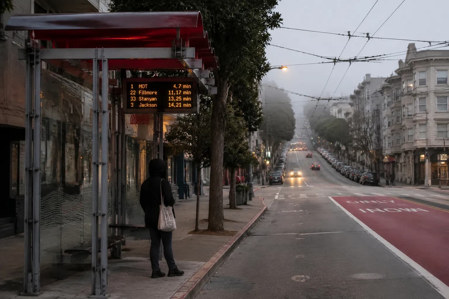 Muni bus shelter in San Francisco with a passenger waiting and fog gathering uphill