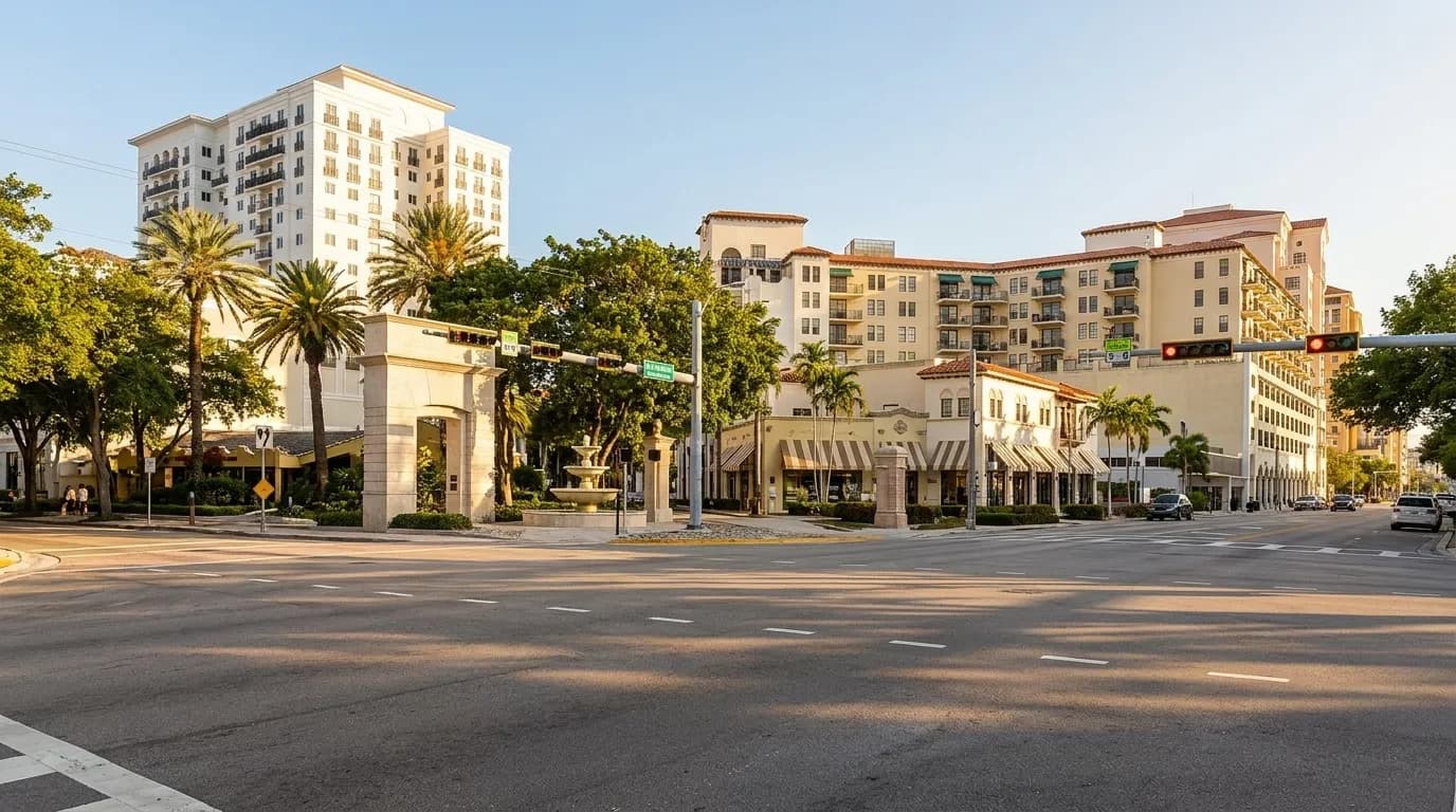 Tree-lined street in Coral Gables with Mediterranean Revival architecture and pedestrian sidewalks