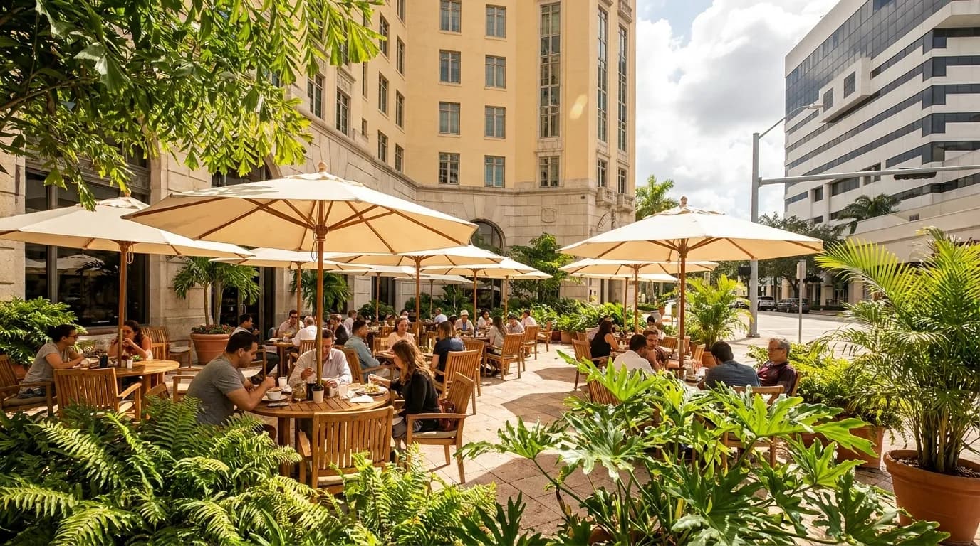 Books and Books courtyard cafe with outdoor seating and tropical plants