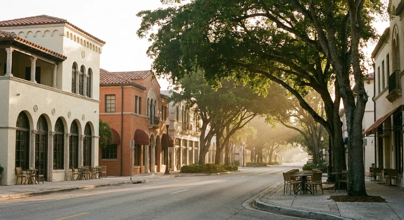 Mediterranean Revival buildings and banyan trees along a Coral Gables street in early morning light