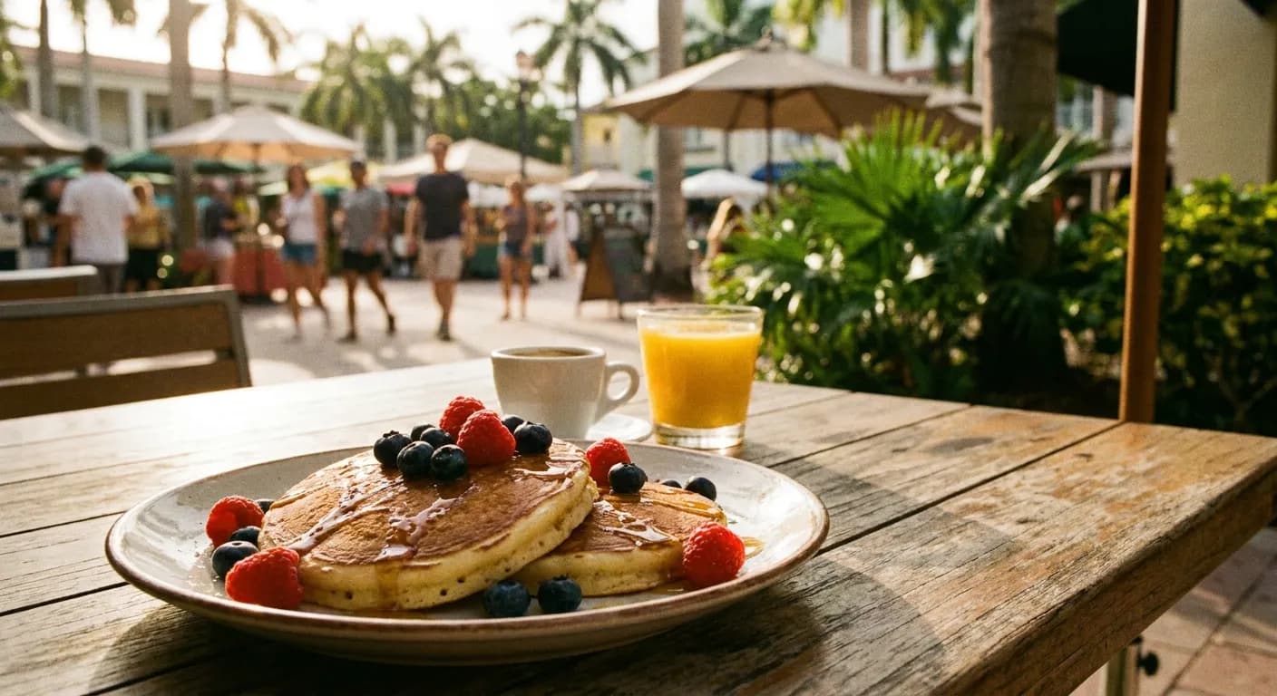 Ricotta pancakes with fresh fruit and espresso on an outdoor cafe table in Coral Gables