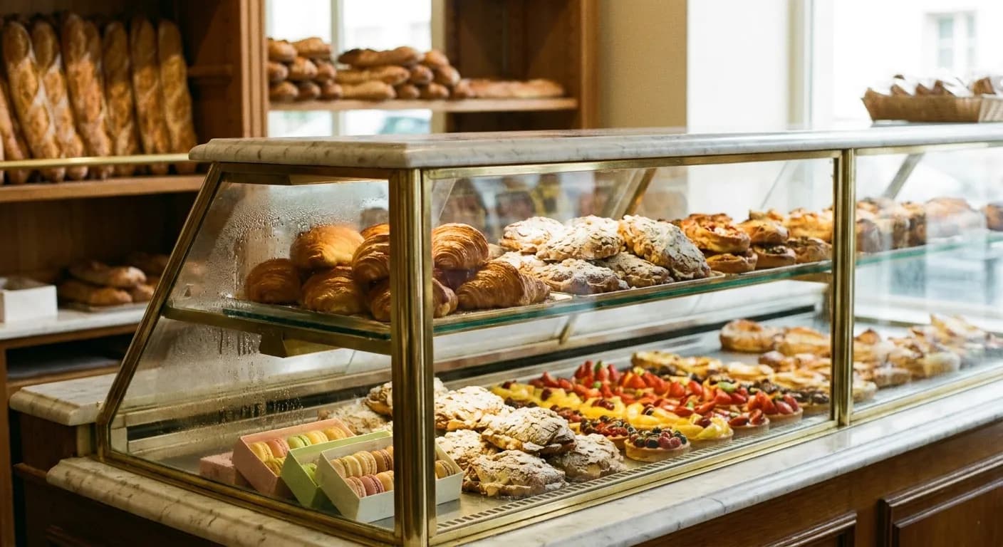 French bakery counter with croissants and pastries in a glass case in warm morning light