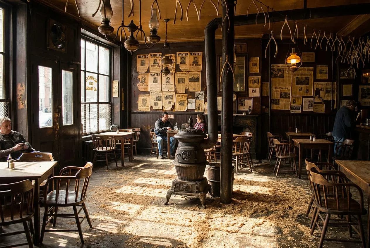 The corner stool at McSorley's Old Ale House that faces the 1854 potbelly stove