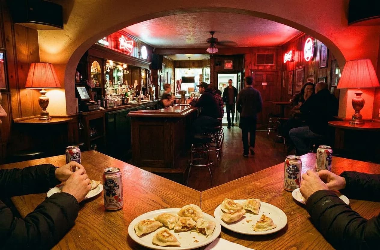 Corner table at Sophie's Bar where the pierogi are served on paper plates and the back room stays empty until midnight