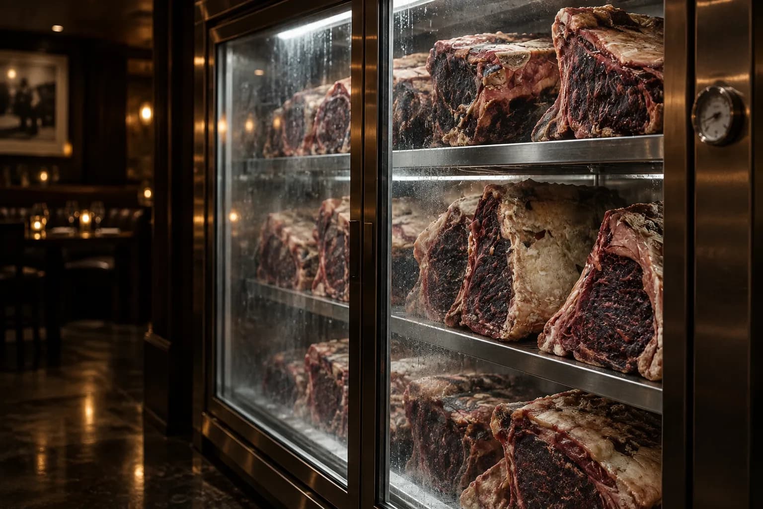 A dry-aging cabinet behind glass, racks of beef cuts under low light with humidity gauges on the door frame