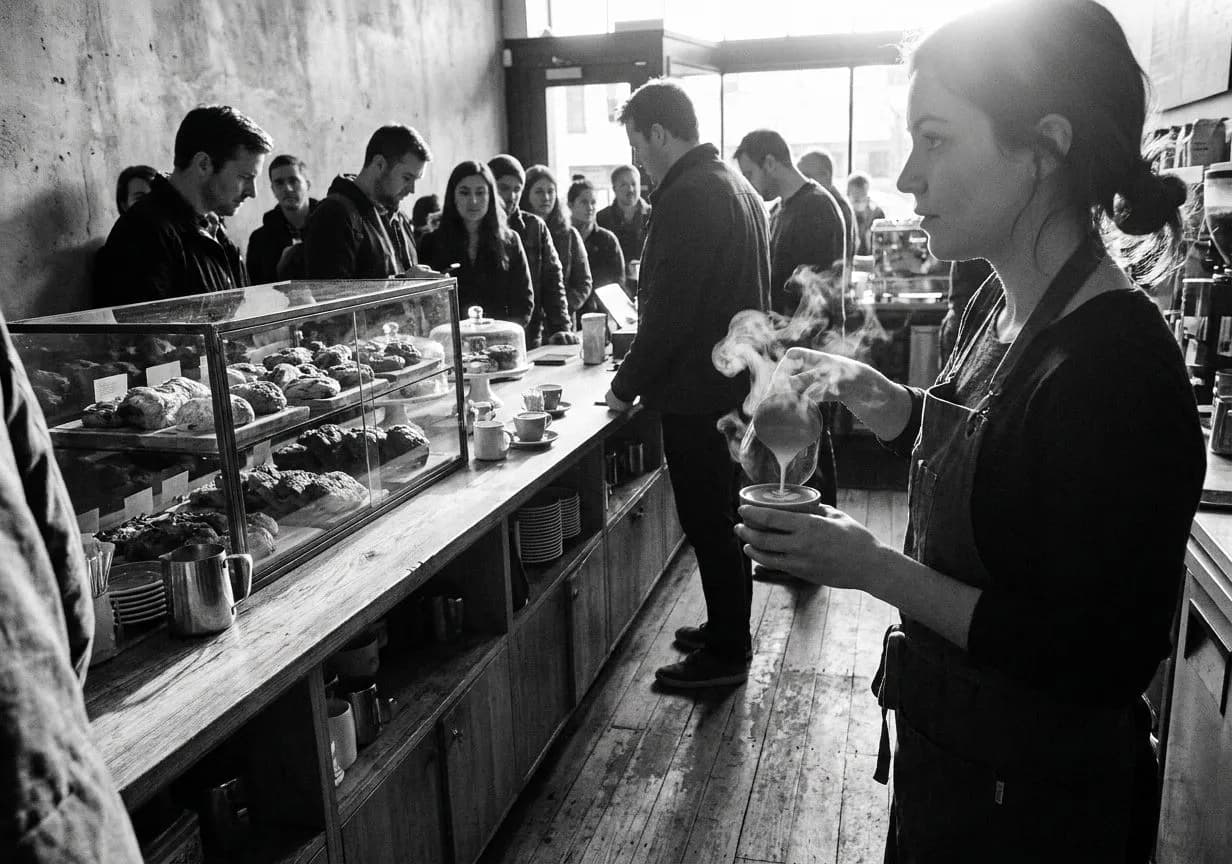 Counter at David's Cafe where the cortadito is poured from a height and the croquetas arrive too hot to eat immediately