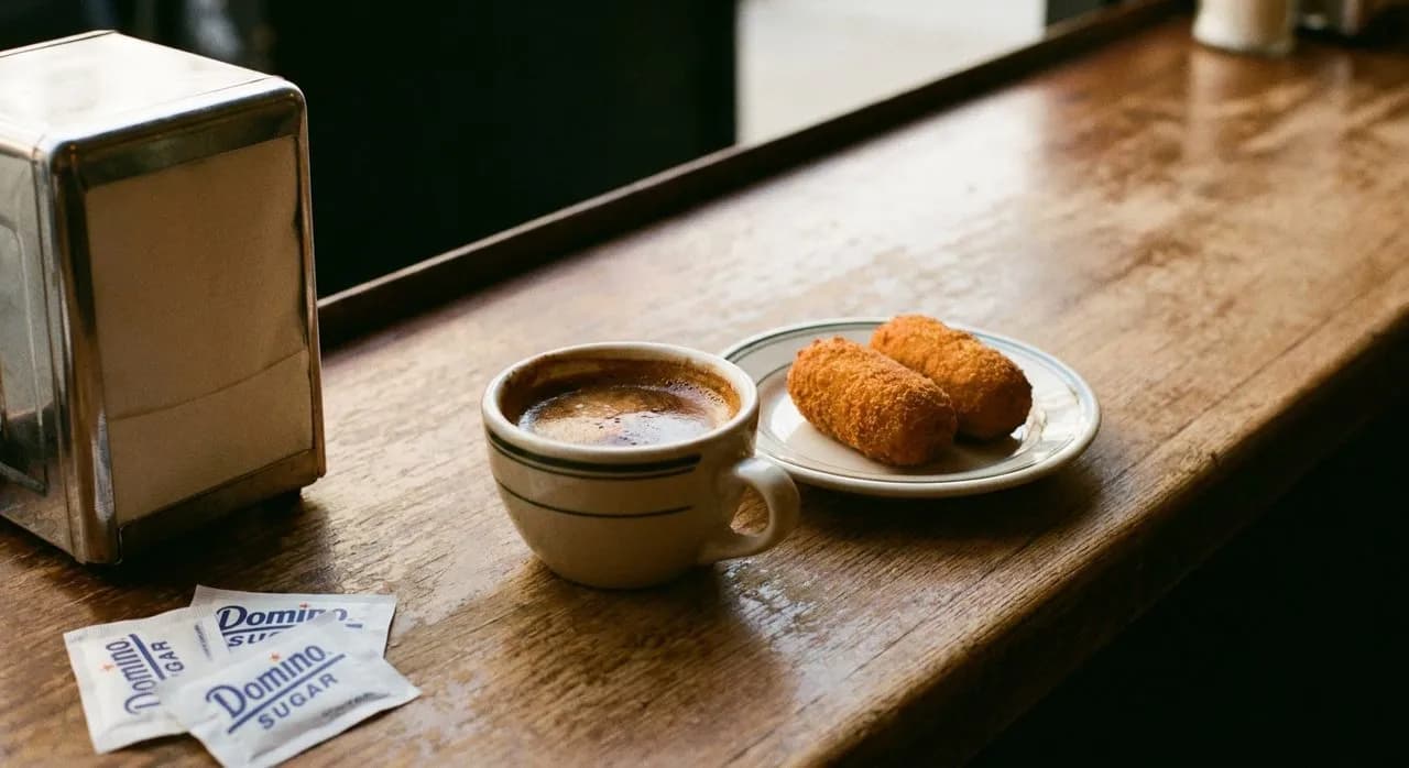 Counter at David's Cafe where the cortadito is poured from a height and the croquetas arrive too hot to eat immediately